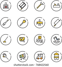 line vector icon set - fireplace vector, bucksaw, mason hammer, jointer, chisel, wood drill, milling cutter, metal hacksaw, hoe, jig saw, abc cube, rocking horse, stick toy, xylophone, train