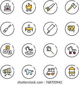 line vector icon set - fireplace vector, fire, saw, axe, chisel, milling cutter, metal hacksaw, jig, abc cube, rocking horse, stick toy, wheel, xylophone, train, block house