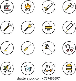 line vector icon set - fireplace vector, fire, saw, axe, mason hammer, wood drill, milling cutter, metal hacksaw, hoe, awl, horse stick toy, wheel, xylophone, train, block house