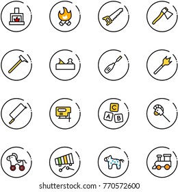 line vector icon set - fireplace vector, fire, saw, axe, mason hammer, jointer, chisel, wood drill, metal hacksaw, jig, abc cube, horse stick toy, wheel, xylophone, train