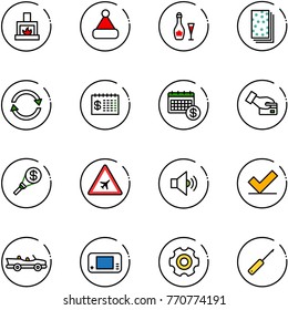 line vector icon set - fireplace vector, christmas hat, wine, breads, exchange, finance calendar, card pay, money torch, airport road sign, volume medium, check, cabrio, game console, gear, awl