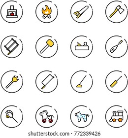 line vector icon set - fireplace vector, fire, saw, axe, bucksaw, rubber hammer, jointer, chisel, wood drill, metal hacksaw, hoe, awl, horse stick toy, wheel, train