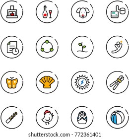 line vector icon set - fireplace vector, wine, dog, tonometer, history, community, sproute, flying man, butterfly, shell, sun power, bolt cutter, drill, chicken toy, russian doll, basketball