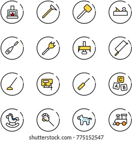 line vector icon set - fireplace vector, mason hammer, rubber, jointer, chisel, wood drill, milling cutter, metal hacksaw, hoe, jig saw, awl, abc cube, rocking horse, stick toy, train