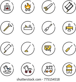line vector icon set - fireplace vector, fire, saw, bucksaw, mason hammer, jointer, chisel, milling cutter, metal hacksaw, hoe, jig, awl, rocking horse, wheel, toy train, block house