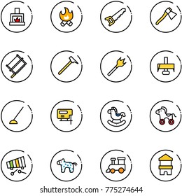 line vector icon set - fireplace vector, fire, saw, axe, bucksaw, mason hammer, wood drill, milling cutter, hoe, jig, rocking horse, wheel, xylophone, toy, train, block house