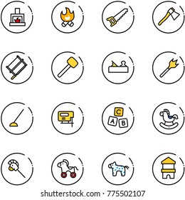 line vector icon set - fireplace vector, fire, saw, axe, bucksaw, rubber hammer, jointer, wood drill, hoe, jig, abc cube, rocking horse, stick toy, wheel, block house