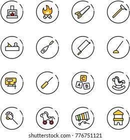 line vector icon set - fireplace vector, fire, saw, mason hammer, jointer, chisel, metal hacksaw, hoe, jig, awl, abc cube, rocking horse, stick toy, wheel, xylophone, block house