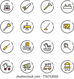 line vector icon set - fireplace vector, saw, mason hammer, jointer, wood drill, milling cutter, hoe, jig, awl, abc cube, rocking horse, stick toy, wheel, xylophone, train, block house
