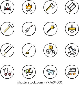 line vector icon set - fireplace vector, fire, axe, bucksaw, mason hammer, chisel, wood drill, milling cutter, metal hacksaw, hoe, abc cube, rocking horse, wheel, xylophone, toy, train
