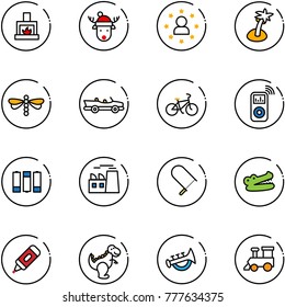 line vector icon set - fireplace vector, christmas deer hat, star man, palm, dragonfly, cabrio, bike, music player, battery, plant, fretsaw, crocodile, marker, dinosaur toy, horn, train