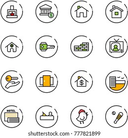 line vector icon set - fireplace vector, account, home, key, brick wall, tv news, hand, doors, dollar, hotel, sea, jointer, chicken toy, baseball bat