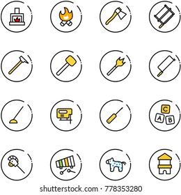 line vector icon set - fireplace vector, fire, axe, bucksaw, mason hammer, rubber, wood drill, metal hacksaw, hoe, jig saw, awl, abc cube, horse stick toy, xylophone, block house