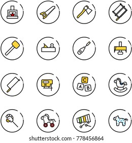 line vector icon set - fireplace vector, saw, axe, bucksaw, rubber hammer, jointer, chisel, milling cutter, metal hacksaw, jig, abc cube, rocking horse, stick toy, wheel, xylophone