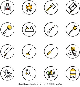 line vector icon set - fireplace vector, fire, axe, bucksaw, rubber hammer, jointer, chisel, wood drill, metal hacksaw, hoe, awl, abc cube, rocking horse, stick toy, xylophone, block house