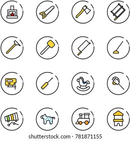 line vector icon set - fireplace vector, saw, axe, bucksaw, mason hammer, rubber, metal hacksaw, hoe, jig, awl, rocking horse, stick toy, xylophone, train, block house