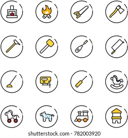 line vector icon set - fireplace vector, fire, saw, axe, mason hammer, rubber, chisel, metal hacksaw, hoe, jig, awl, rocking horse, wheel, toy, train, block house