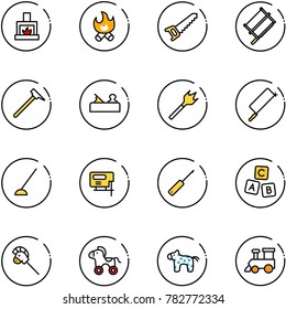line vector icon set - fireplace vector, fire, saw, bucksaw, mason hammer, jointer, wood drill, metal hacksaw, hoe, jig, awl, abc cube, horse stick toy, wheel, train