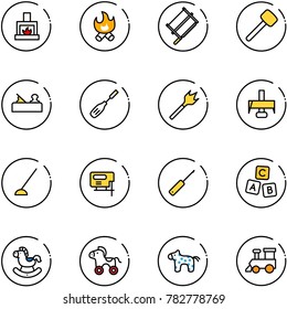 line vector icon set - fireplace vector, fire, bucksaw, rubber hammer, jointer, chisel, wood drill, milling cutter, hoe, jig saw, awl, abc cube, rocking horse, wheel, toy, train