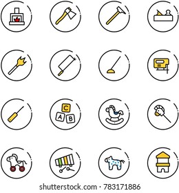line vector icon set - fireplace vector, axe, mason hammer, jointer, wood drill, metal hacksaw, hoe, jig saw, awl, abc cube, rocking horse, stick toy, wheel, xylophone, block house