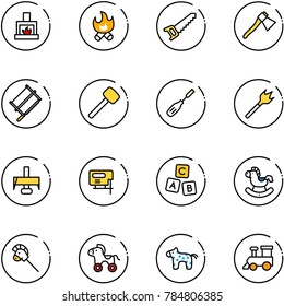 line vector icon set - fireplace vector, fire, saw, axe, bucksaw, rubber hammer, chisel, wood drill, milling cutter, jig, abc cube, rocking horse, stick toy, wheel, train