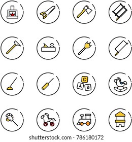 line vector icon set - fireplace vector, saw, axe, bucksaw, mason hammer, jointer, wood drill, metal hacksaw, hoe, awl, abc cube, rocking horse, stick toy, wheel, train, block house