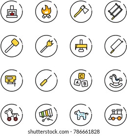 line vector icon set - fireplace vector, fire, axe, bucksaw, rubber hammer, wood drill, milling cutter, metal hacksaw, jig saw, awl, abc cube, rocking horse, wheel, xylophone, toy, train