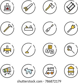 line vector icon set - fireplace vector, saw, axe, bucksaw, mason hammer, jointer, chisel, wood drill, milling cutter, hoe, abc cube, horse stick toy, xylophone, train, block house