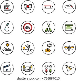 line vector icon set - fireplace vector, bow, sleigh, snowmobile, pear, no bike road sign, rocket, schedule, reading, palm, dragonfly, movie flap, sharpening, shovel fork toy, paper plane