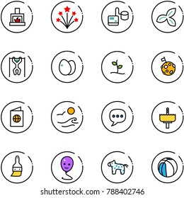 line vector icon set - fireplace vector, firework, tonometer, three leafs, pull ups, eggs, sproute, moon flag, passport, waves, chat, crown drill, brush, balloon smile, toy horse, basketball