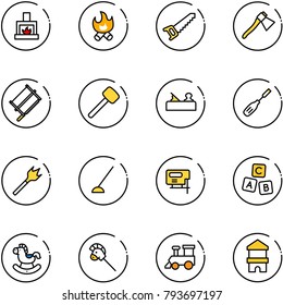 line vector icon set - fireplace vector, fire, saw, axe, bucksaw, rubber hammer, jointer, chisel, wood drill, hoe, jig, abc cube, rocking horse, stick toy, train, block house