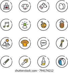 line vector icon set - fireplace vector, dog, eggs, music, idea, moon flag, pineapple, pyramid, shell, chat, plumber, drill, tile, brush, basketball