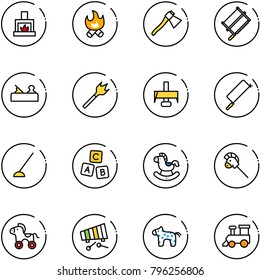 line vector icon set - fireplace vector, fire, axe, bucksaw, jointer, wood drill, milling cutter, metal hacksaw, hoe, abc cube, rocking horse, stick toy, wheel, xylophone, train