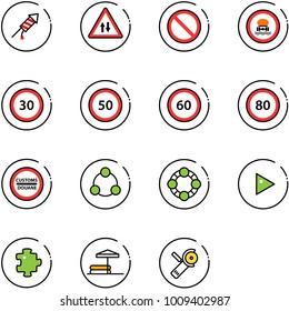 line vector icon set - firework rocket vector, oncoming traffic road sign, prohibition, no dangerous cargo, speed limit 30, 50, 60, 80, customs, social, friends, play, puzzle, inflatable pool