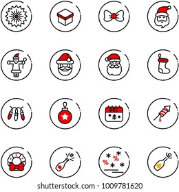 line vector icon set - firework vector, gift, bow, santa claus, christmas sock, garland, ball, calendar, rocket, wreath, champagne, sale, fizz opening