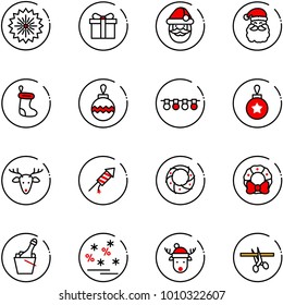 line vector icon set - firework vector, gift, santa claus, christmas sock, ball, garland, deer, rocket, wreath, champagne, sale, hat, opening