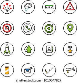 line vector icon set - firework vector, brain, cash, round motion road sign, no turn back, phone horn, target, map pin, rocket, arrow up, contact book, star medal, drink, wireless mail, scythe