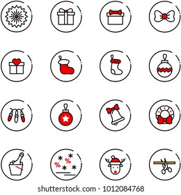 line vector icon set - firework vector, gift, bow, christmas sock, ball, garland, bell, wreath, champagne, sale, deer hat, opening