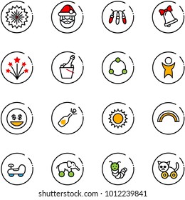 line vector icon set - firework vector, santa claus, garland, bell, champagne, community, success, money smile, fizz opening, sun, rainbow, baby car, elephant wheel, toy caterpillar, cat
