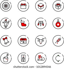 line vector icon set - firework vector, gift, santa claus, christmas sock, garland, ball, bell, calendar, deer, rocket, champagne, mobile, sleigh, cent
