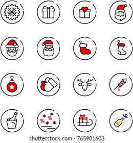 line vector icon set - firework vector, gift, santa claus, christmas sock, ball, gloves, deer, rocket, champagne, sale, sleigh, fizz opening