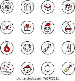 line vector icon set - firework vector, gift, bow, santa claus, christmas ball, wreath, champagne, mobile, sale, elf, cent, fizz opening