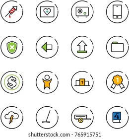 line vector icon set - firework rocket vector, first aid kit, safe, phone, shield cross, left arrow, uplooad, folder, dollar, success, pedestal, gold medal, storm, rake, trailer, abc book