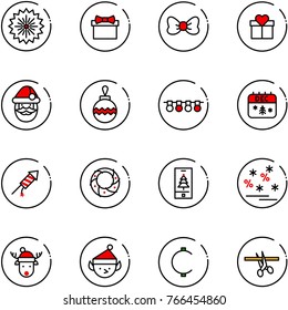 line vector icon set - firework vector, gift, bow, santa claus, christmas ball, garland, calendar, rocket, wreath, mobile, sale, deer hat, elf, cent, opening