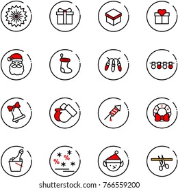 line vector icon set - firework vector, gift, santa claus, christmas sock, garland, bell, gloves, rocket, wreath, champagne, sale, elf, opening