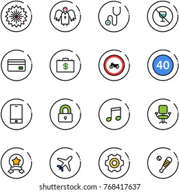 line vector icon set - firework vector, angel, stethoscope, no alcohol sign, credit card, money case, moto road, minimal speed limit, phone, locked, music, office chair, star medal, plane, gear