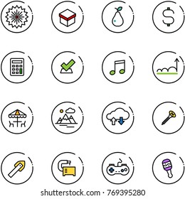 line vector icon set - firework vector, gift, pear, dollar sign, calculator, check, music, growth, outdoor cafe, mountains, cloud exchange data, screw, tile drill, machine tool, gamepad, beanbag
