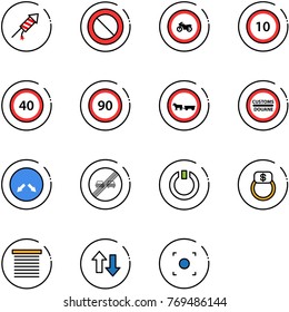 line vector icon set - firework rocket vector, prohibition road sign, no moto, speed limit 10, 40, 90, cart horse, customs, detour, end overtake, standby, finger ring, jalousie, up down arrows