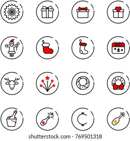 line vector icon set - firework vector, gift, santa claus, christmas sock, calendar, deer, wreath, champagne, cent, fizz opening