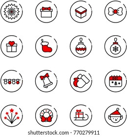 line vector icon set - firework vector, gift, bow, christmas sock, ball, garland, bell, gloves, calendar, wreath, sleigh, elf